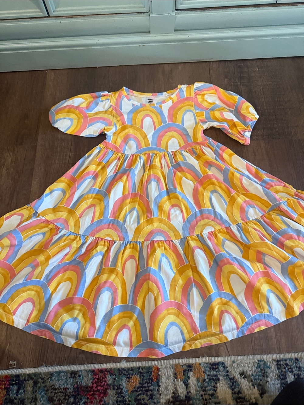 Tea Collection Rainbow Print Puff-Sleeve Dress - Yellow, Pink & Blue
